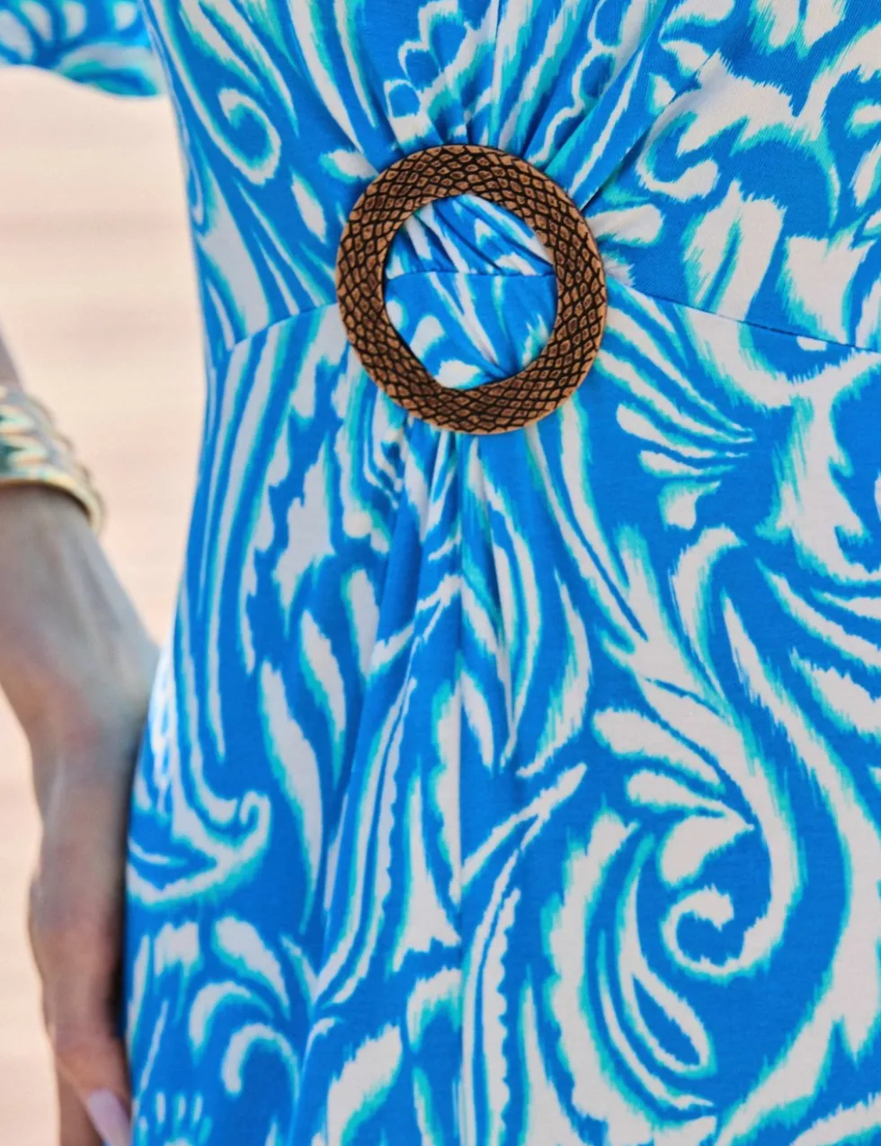 Paisley V-Neck Ring Front Angel Sleeve Midi Tea Dress