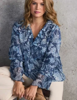 Paisley V-Neck Ruffle Blouse