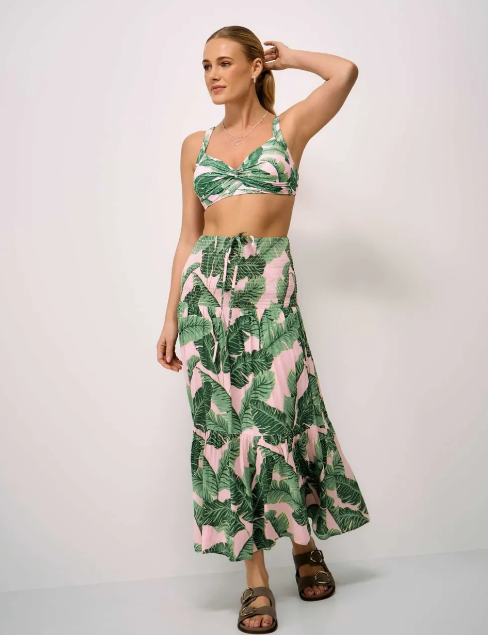 Palm Tree Padded Twist Front Plunge Bikini Top