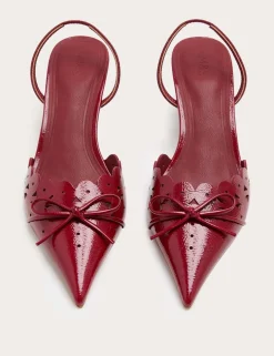 Patent Bow Cut Out Kitten Heel Pointed Slingback Shoes