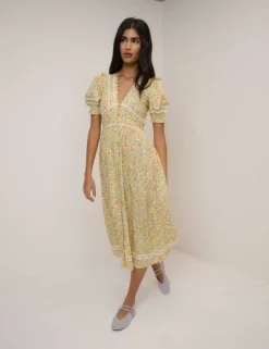 Patterned V-Neck Midi Waisted Dress
