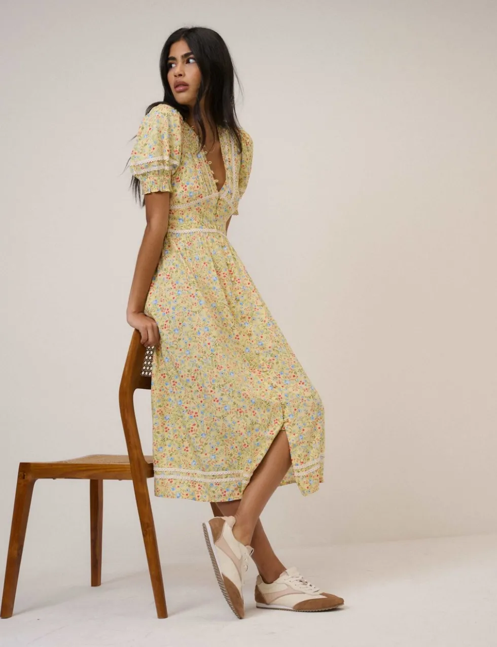 Patterned V-Neck Midi Waisted Dress