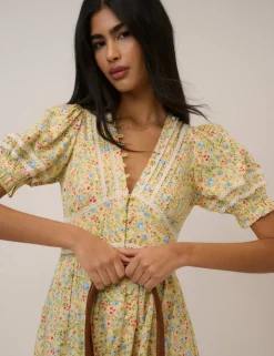 Patterned V-Neck Midi Waisted Dress