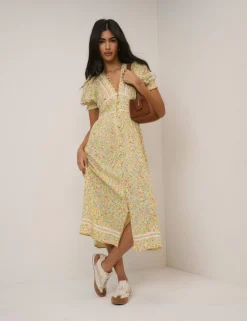 Patterned V-Neck Midi Waisted Dress
