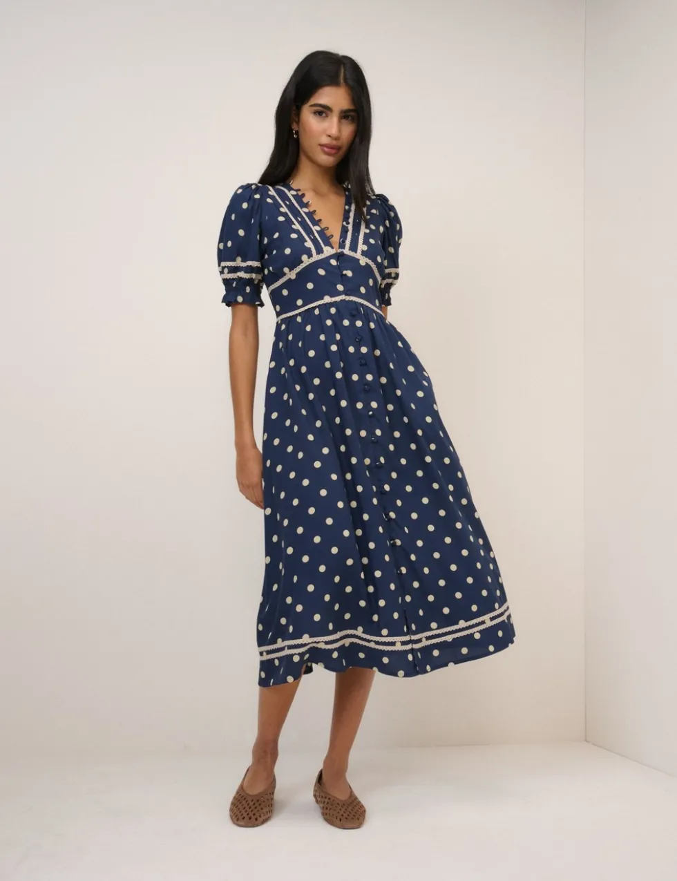Patterned V-Neck Midi Waisted Dress