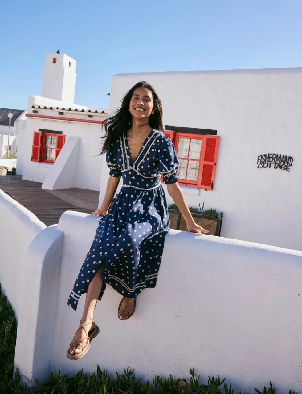 Patterned V-Neck Midi Waisted Dress
