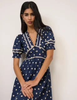 Patterned V-Neck Midi Waisted Dress