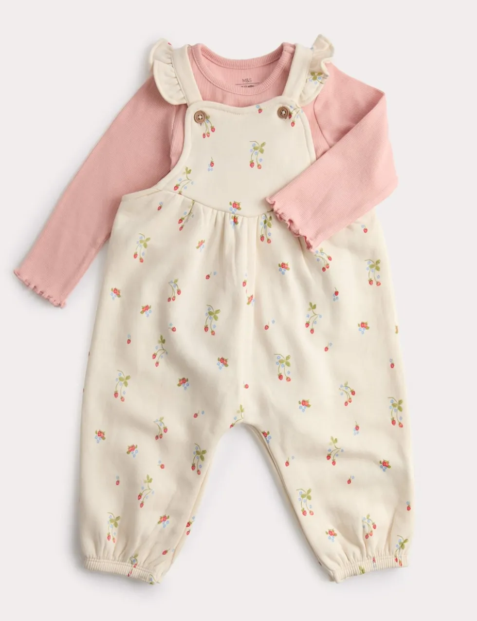 2pc Cotton Strawberry Ditsy Dungarees Outfit (0-3 Yrs)