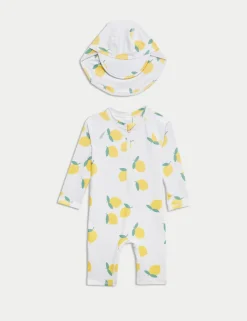 2pc Sunsafe Lemon Print Swimsuit & Hat Set (0-3 Yrs)