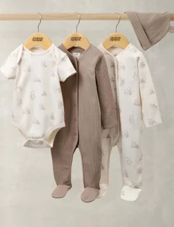 4pc Teddy Bear Bodysuit and Hat Set (0-9 Mths)