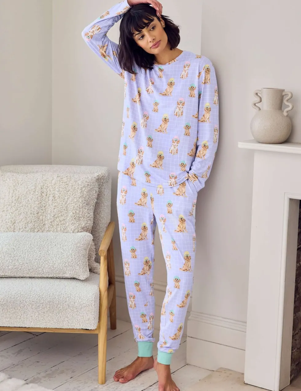Petite Dog Print Crew Neck Pyjama Set