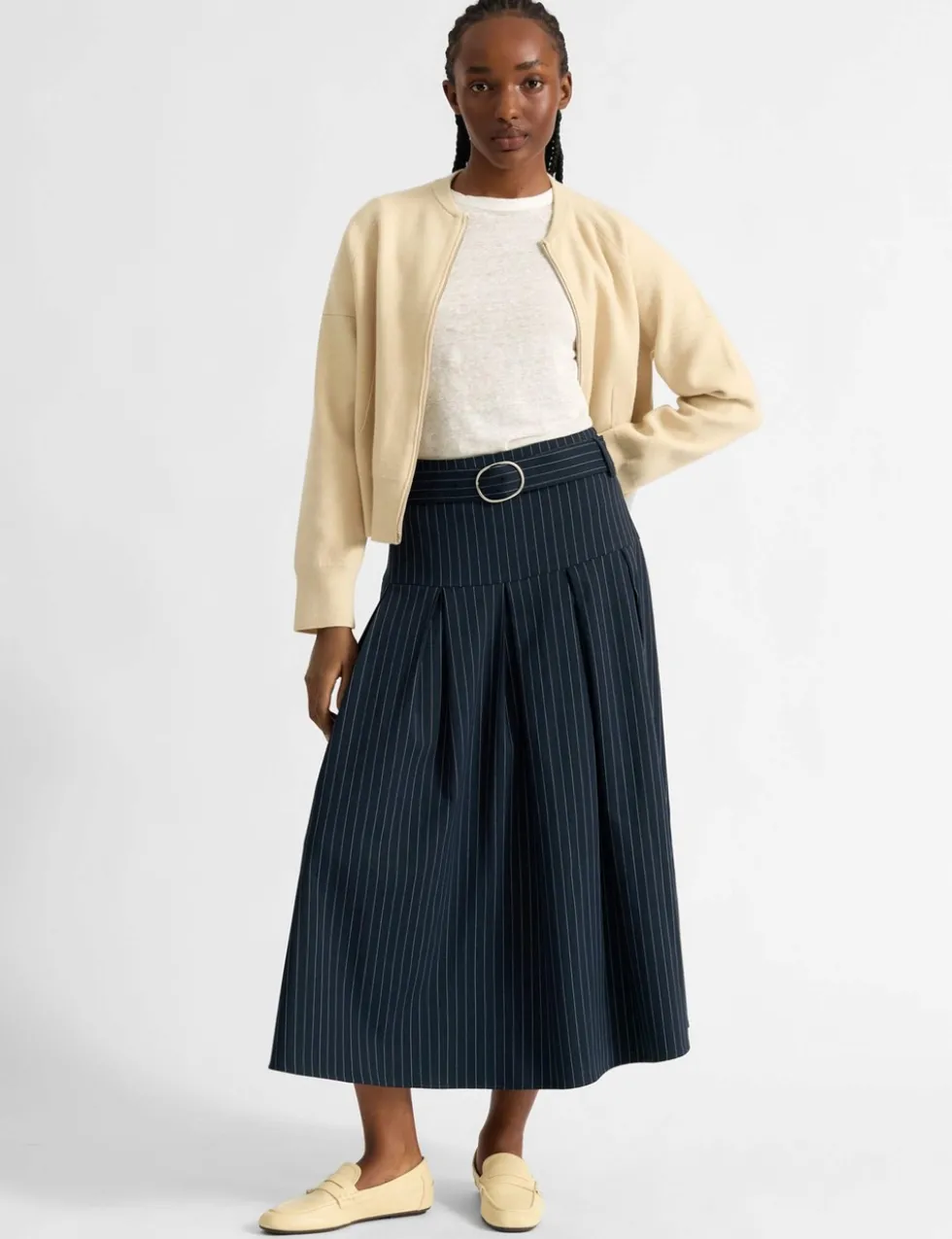 Pinstripe Belted Pleated Midi Skirt