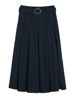 Pinstripe Belted Pleated Midi Skirt