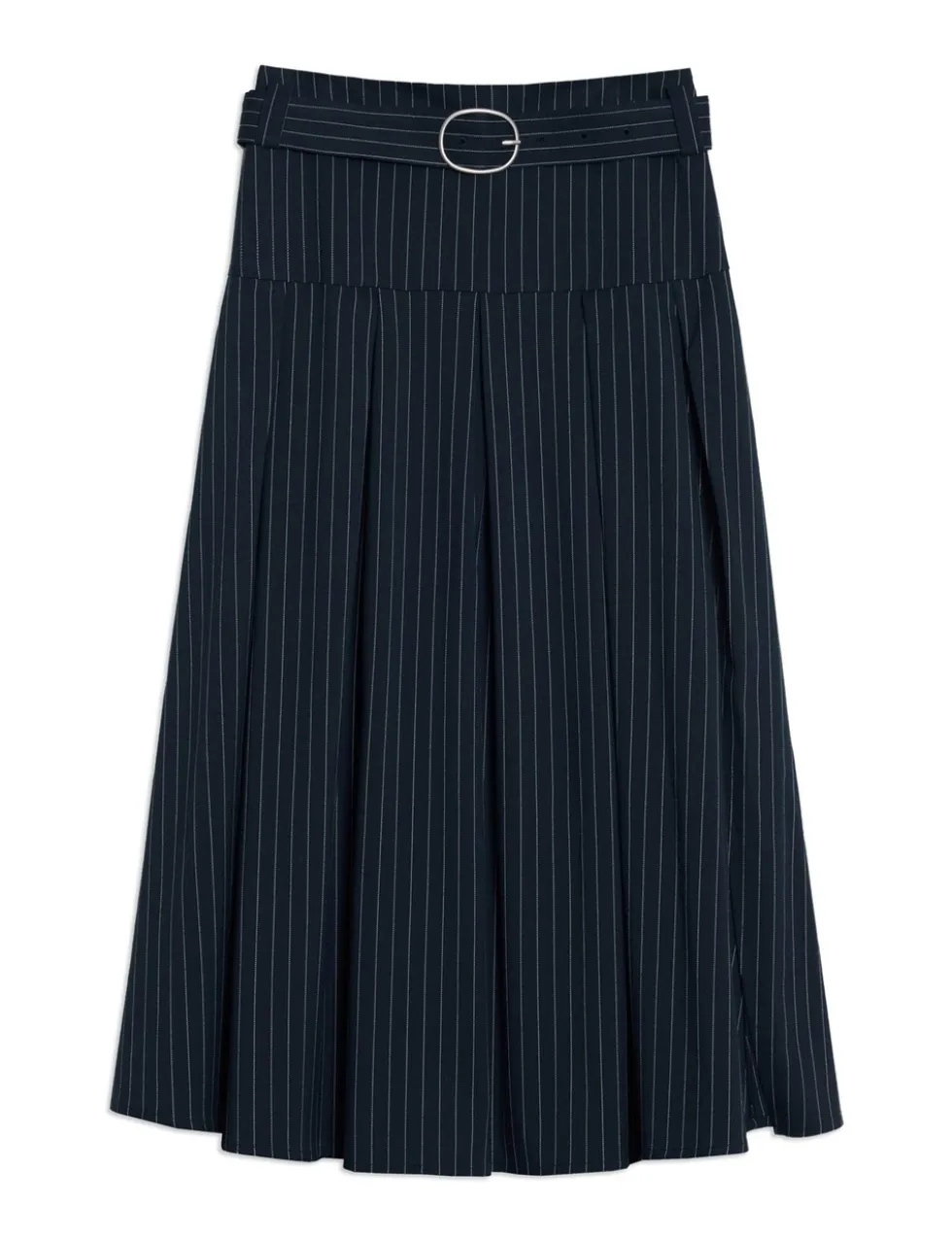 Pinstripe Belted Pleated Midi Skirt