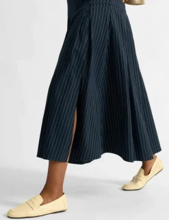Pinstripe Belted Pleated Midi Skirt