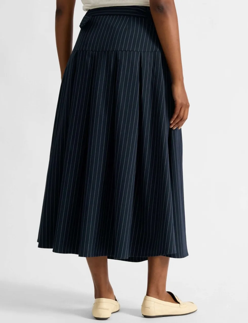 Pinstripe Belted Pleated Midi Skirt
