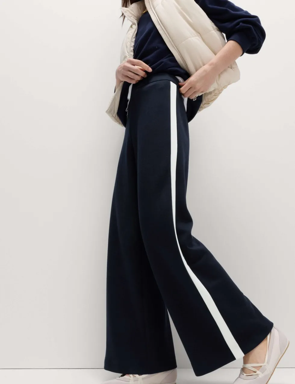 Pique Side Stripe Wide Leg Trousers