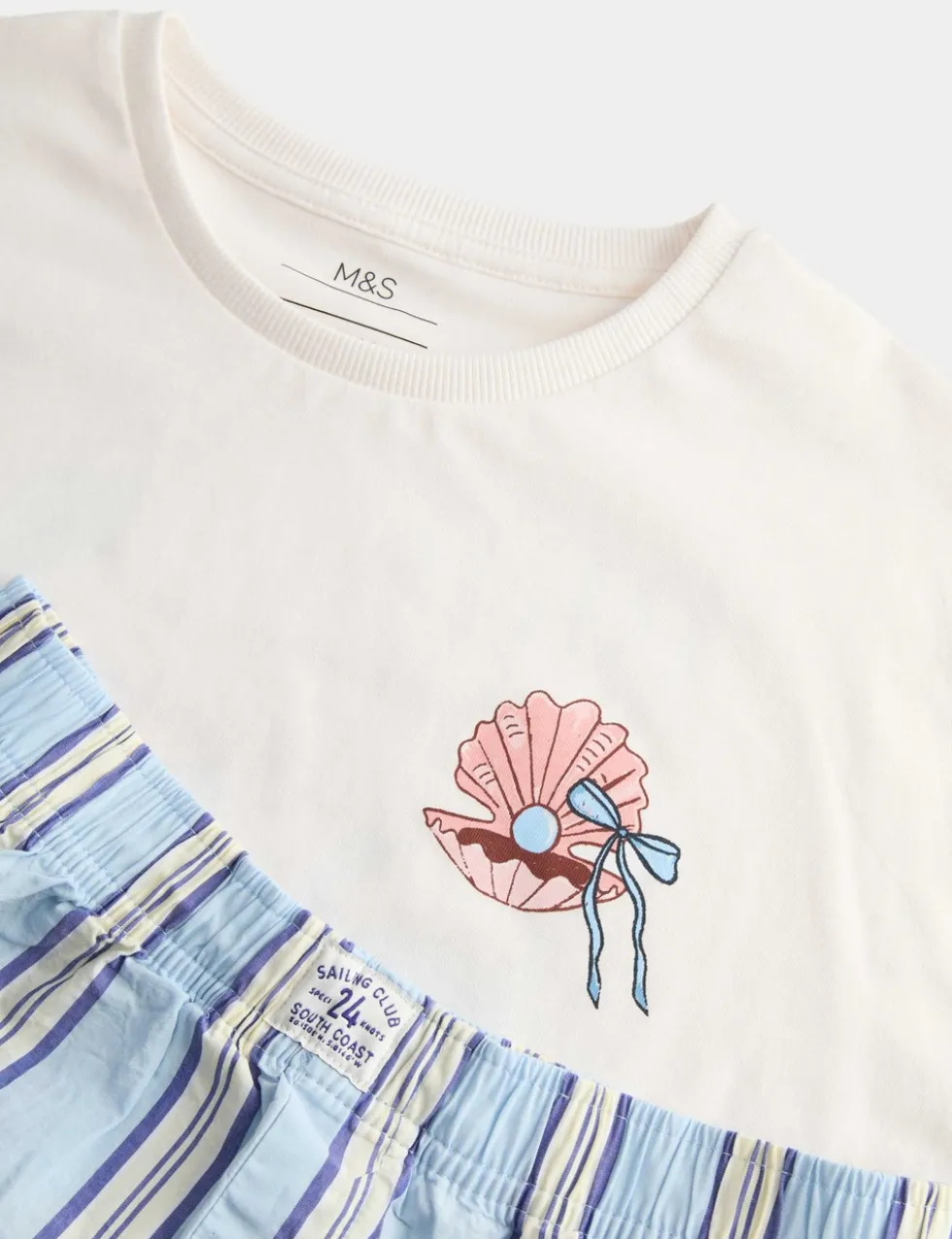 2pk Pure Cotton Shell and Stripe Pyjamas (6-16 Yrs)