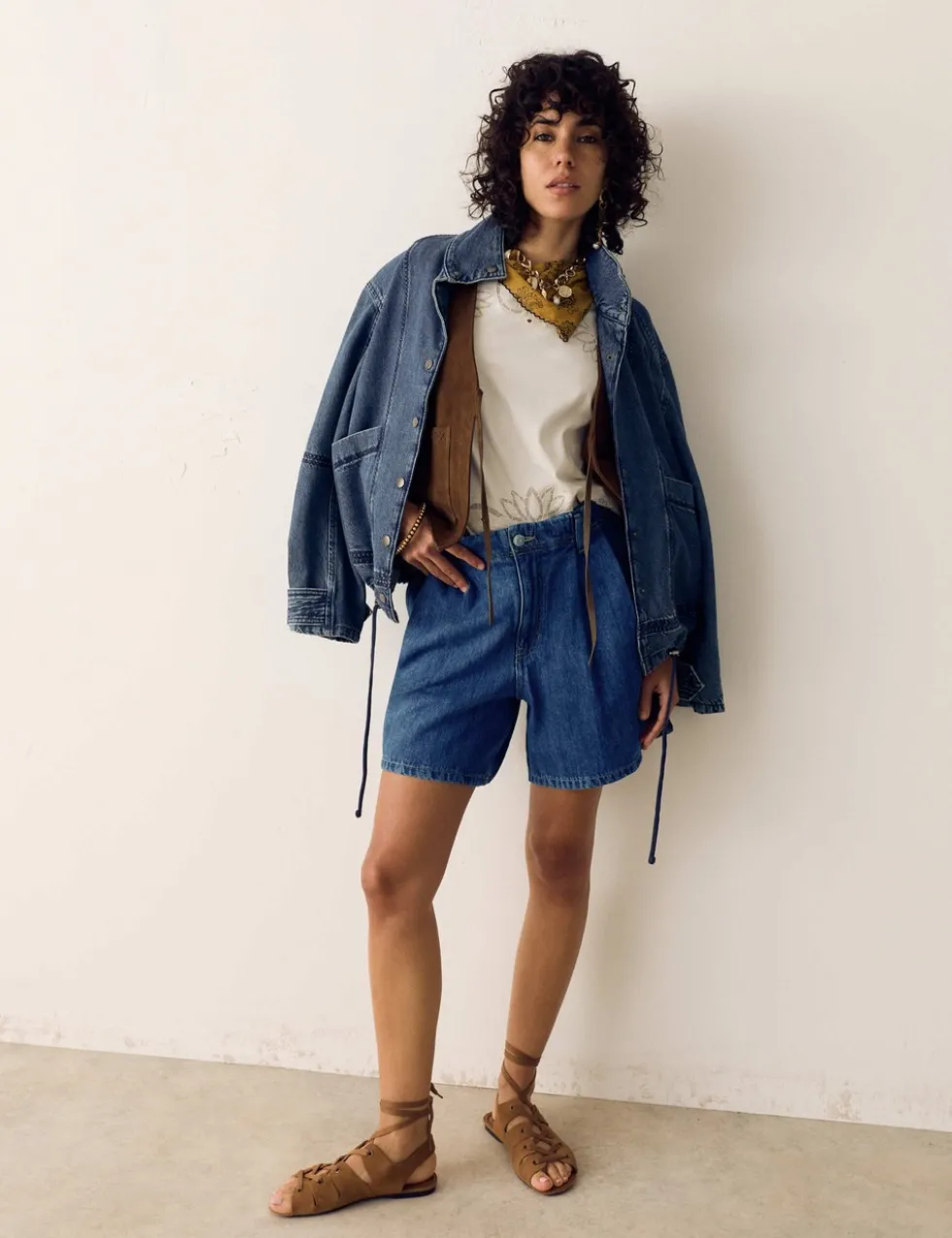Pleat Front Denim Shorts