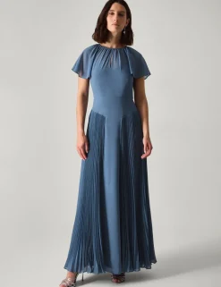 Pleated Angel Sleeve Maxi Skater Dress