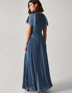 Pleated Angel Sleeve Maxi Skater Dress