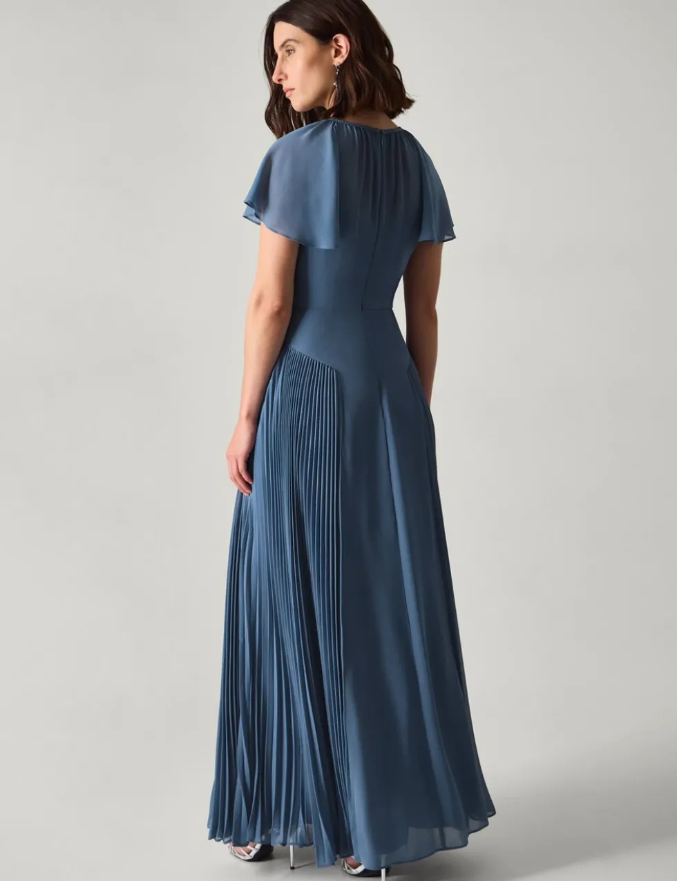Pleated Angel Sleeve Maxi Skater Dress