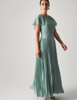 Pleated Angel Sleeve Maxi Skater Dress