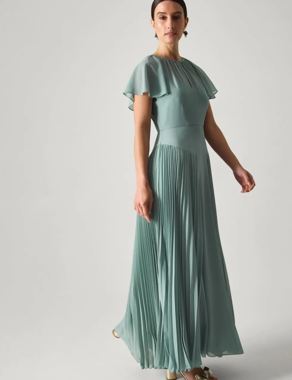 Pleated Angel Sleeve Maxi Skater Dress