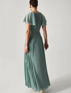 Pleated Angel Sleeve Maxi Skater Dress