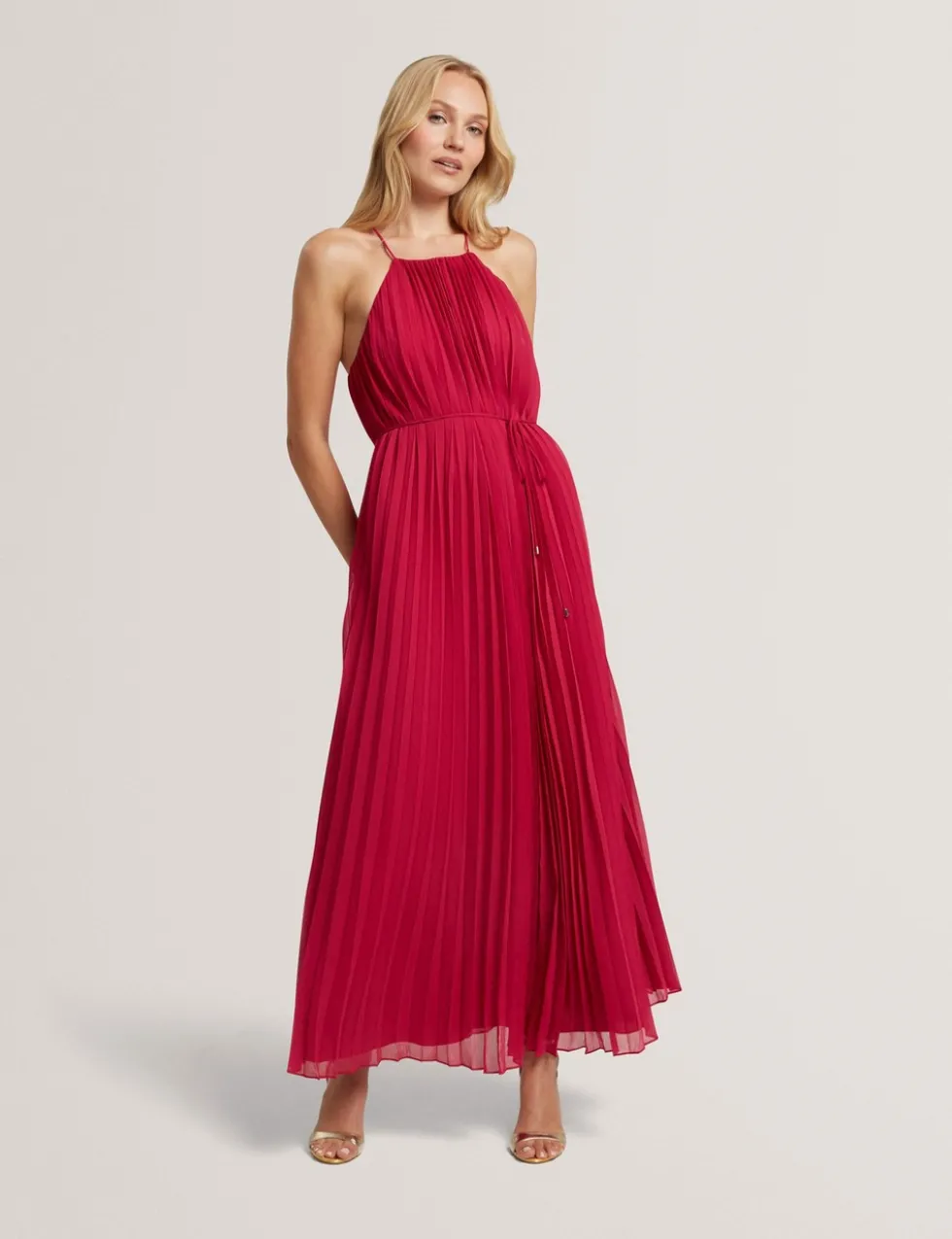 Pleated Halter Neck Maxi Waisted Dress