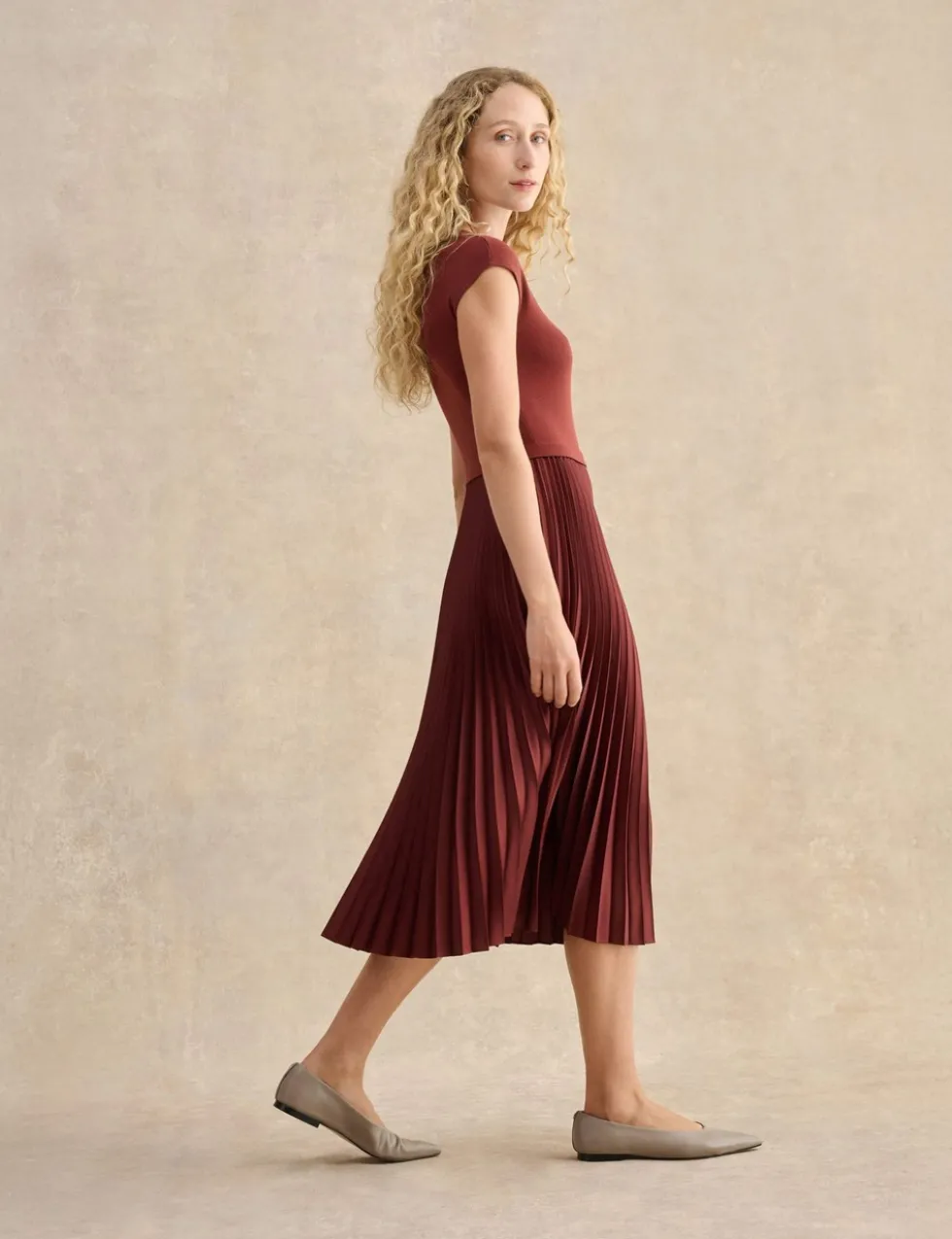 Pleated Knee Length Shift Dress