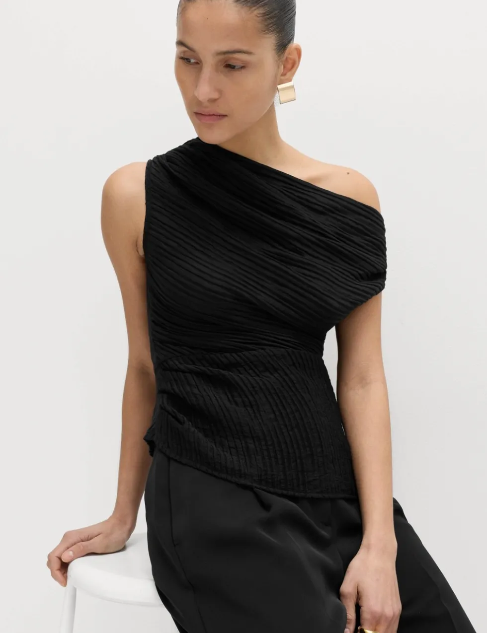 Plisse Asymmetric Neck Bardot Top