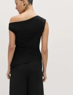 Plisse Asymmetric Neck Bardot Top