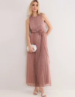 Plisse Metallic Midi Waisted Dress