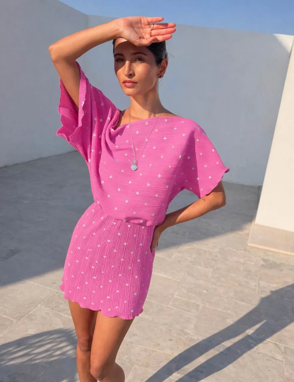 Plisse Petal One Shoulder Mini Dress