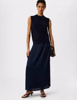 Plisse Pleated Midi Column Skirt