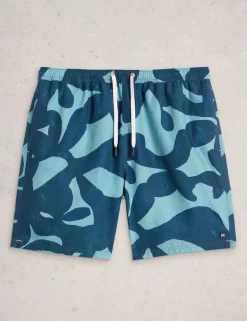 Pocketed Abstract Print Swim Shorts