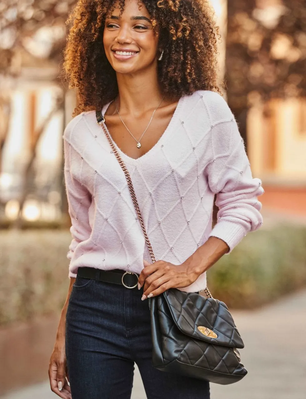 Pointelle Embellished V-Neck Relaxed Jumper