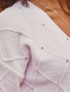 Pointelle Embellished V-Neck Relaxed Jumper