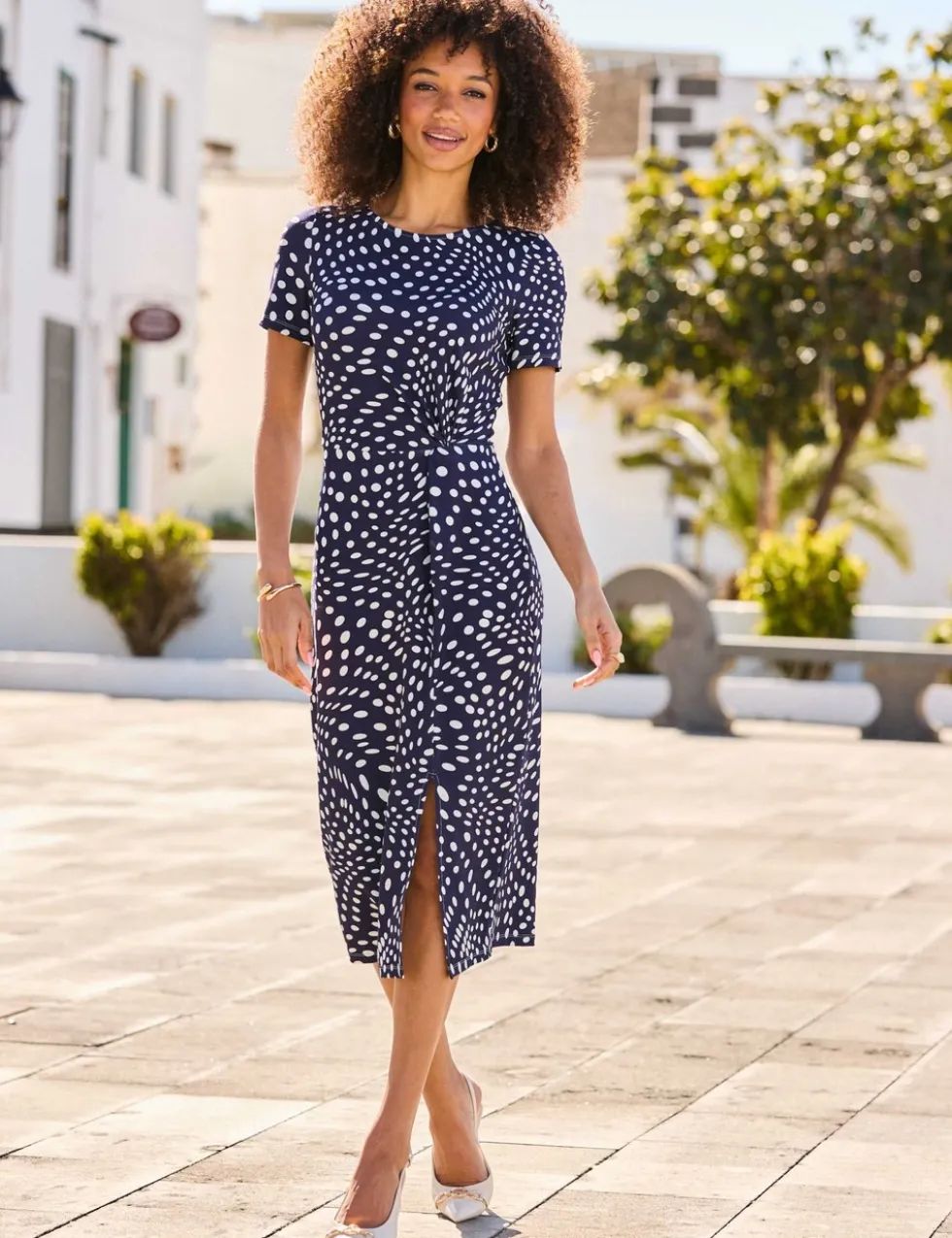 Polka Dot Crew Neck Midi Waisted Dress