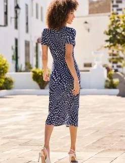 Polka Dot Crew Neck Midi Waisted Dress