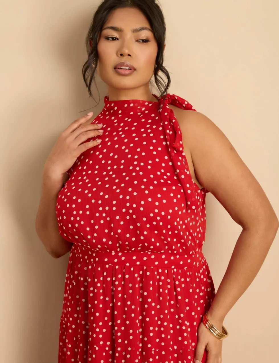 Polka Dot Halter Neck Maxi Waisted Dress