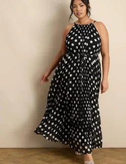 Polka Dot Halter Neck Pleated Maxi Column Dress