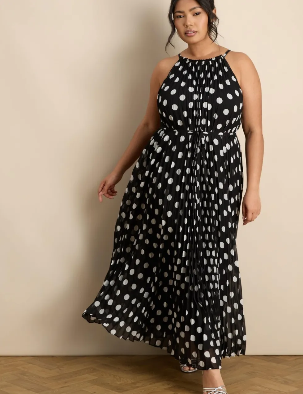 Polka Dot Halter Neck Pleated Maxi Column Dress