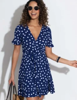 Polka Dot Jersey Wrap Front Dress