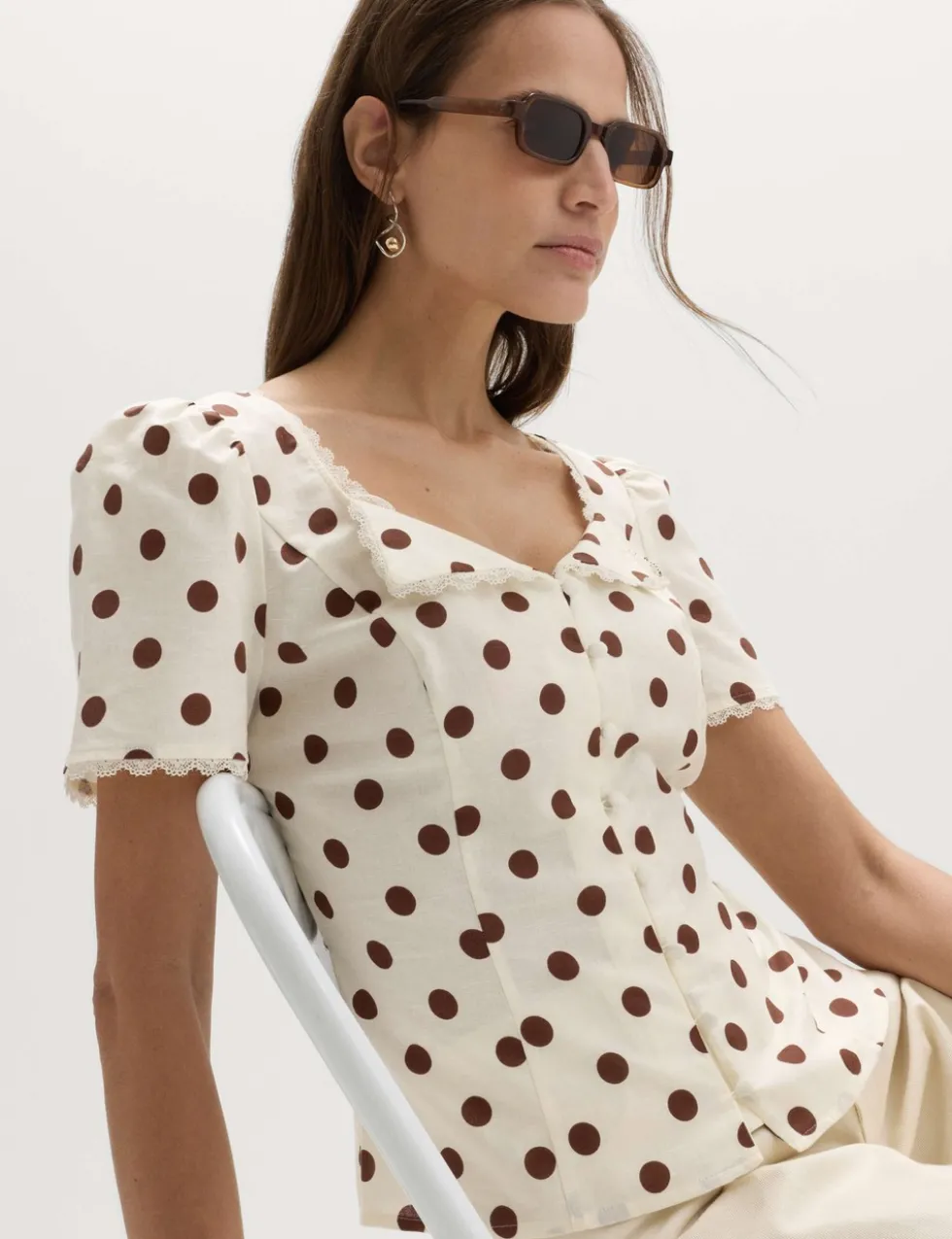 Polka Dot Lace Detail Button Through Top