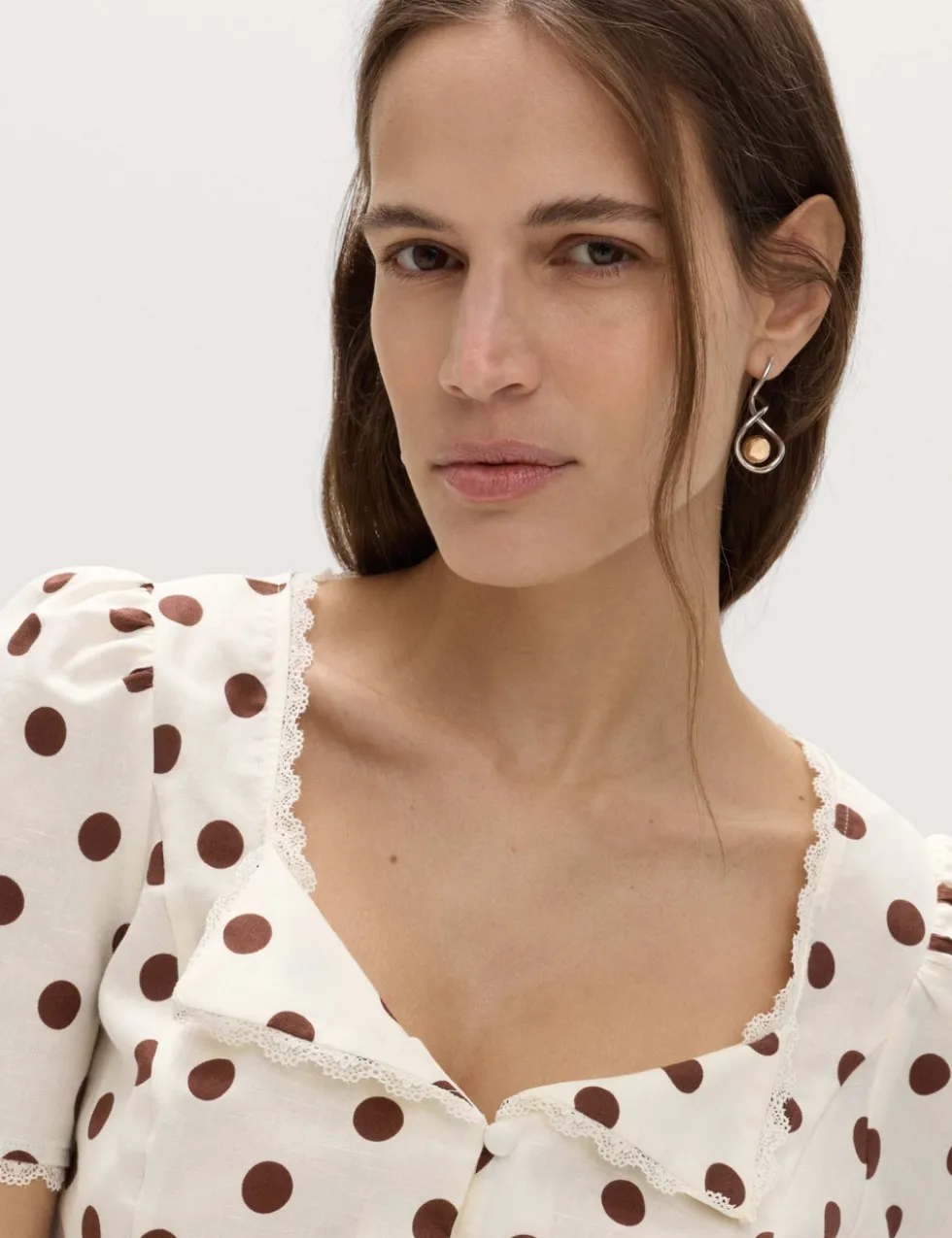 Polka Dot Lace Detail Button Through Top