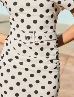 Polka Dot One Shoulder Belted Midi Bodycon Dress