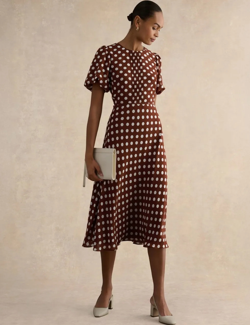 Polka Dot Puff Sleeve Midi Skater Dress