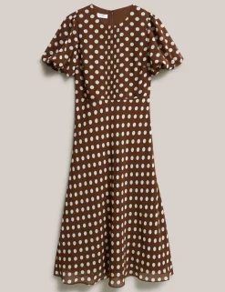Polka Dot Puff Sleeve Midi Skater Dress